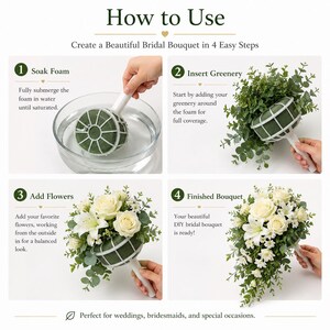 May include: A four-step instructional guide for a floral bouquet holder. Step 1 shows a green foam cage being soaked in water. Step 2 shows greenery inserted into the foam. Step 3 shows white roses and lilies added. Step 4 shows the finished bouquet.