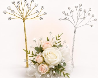 Rhinestone Floral Spray Bundle, 6 Wired Stems, Gold or Silver Corsage Picks (18 Crystals)
