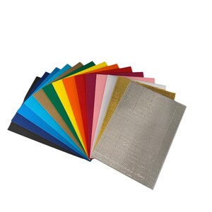 May include: A fan-shaped arrangement of 14 sheets of corrugated cardboard in various colors, including black, blue, green, yellow, orange, red, pink, white, gold, and silver.