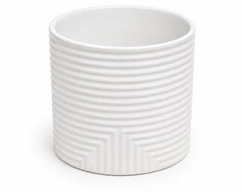 Textured White Ceramic Planter with Saucer, Modern Minimalist Vase