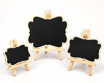 Mini Chalkboard Signs with Easels, Wave-Shaped Wooden Table Signs, White or Natural, Wedding Place Cards & Buffet Labels
