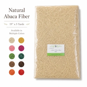 May include: A package of natural abaca fiber, measuring 19 inches by 5 yards. The packaging includes a label that reads "Abaca Fiber Sheet" and "Ideal for Art and Craft." A color palette of samples is displayed, with colors ranging from beige to red.