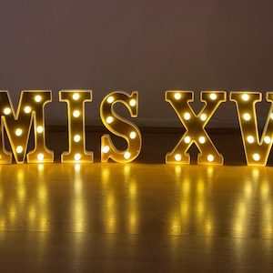 8.5" Tall Gold Color Letter Mis XV Light Up LED Sign for Quinceanera Party Celebration