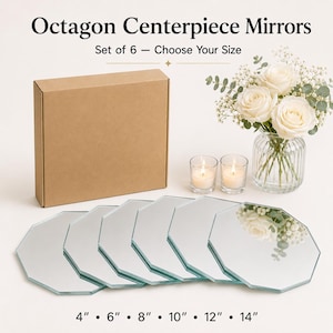 May include: A set of six octagonal mirrors for centrepieces, presented with a brown cardboard box, two glass votive candle holders with lit candles, and a clear glass vase containing white roses. Text reads Octagon Centerpiece Mirrors.