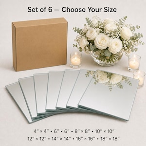 May include: A set of six square glass mirrors arranged in a fan shape, accompanied by a brown cardboard box. The text "Set of 6 - Choose Your Size" appears at the top, with dimensions ranging from 4" x 4" to 18" x 18" listed at the bottom.