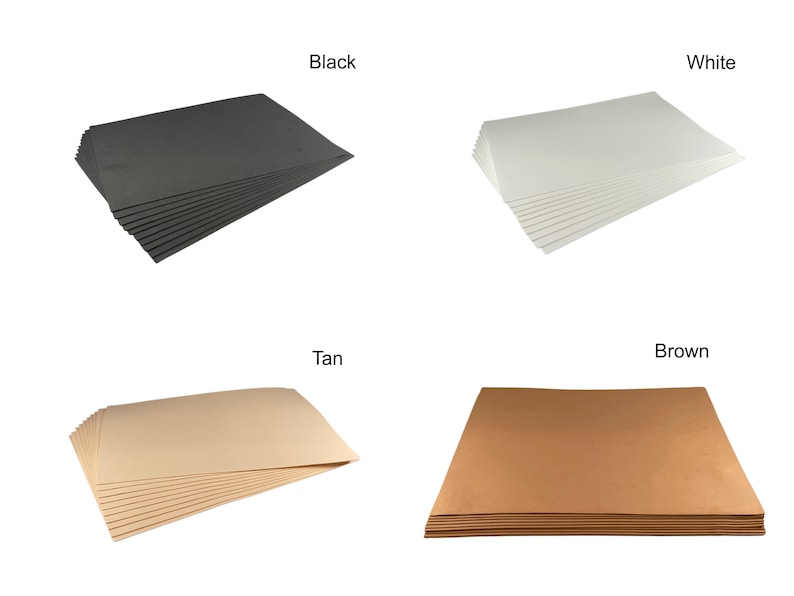 Puede incluir: Cuatro montones de hojas de papel en negro, blanco, beige y marr&oacute;n. Cada color se muestra en una pila de hojas, con el nombre del color etiquetado encima. Las hojas son rectangulares.
