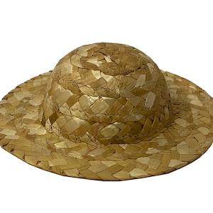 May include: A small, brown straw hat with a wide brim. The hat is woven from natural materials and has a simple, classic design.