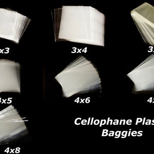 May include: Assortment of clear cellophane plastic baggies in various sizes, including 3x3, 3x4, 3x15, 4x5, 4x6, 4x7, and 4x8 inches. Cellophane Plastic Baggies.