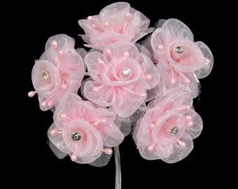 Spray Beads Corsage Organza Flower w/Rhinestone WT White / Pink