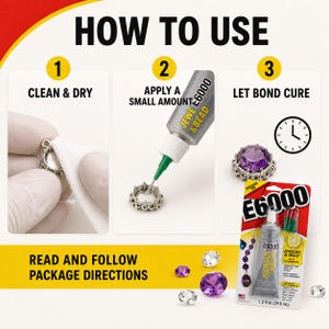 Puede incluir: Una gu&iacute;a de tres pasos para el pegamento E6000 Jewelry & Bead. El paso 1 muestra la limpieza de un engaste met&aacute;lico. El paso 2 muestra la aplicaci&oacute;n con punta de precisi&oacute;n. El paso 3 muestra una gema morada en el engaste. Tubo de 29,5 ml.