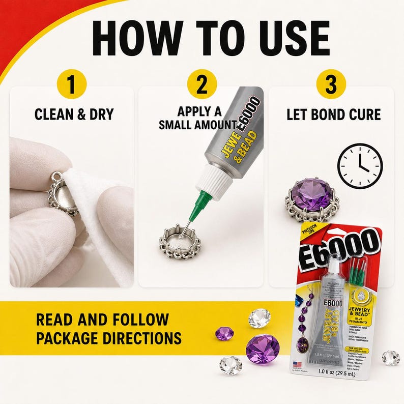 Puede incluir: Una gu&iacute;a de tres pasos para el pegamento E6000 Jewelry & Bead. El paso 1 muestra la limpieza de un engaste met&aacute;lico. El paso 2 muestra la aplicaci&oacute;n con punta de precisi&oacute;n. El paso 3 muestra una gema morada en el engaste. Tubo de 29,5 ml.
