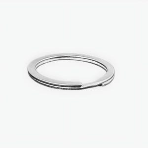 May include: A shiny, silver-colored split key ring. The key ring is circular with a split for adding keys. The key ring is made of metal and is shown against a white background.