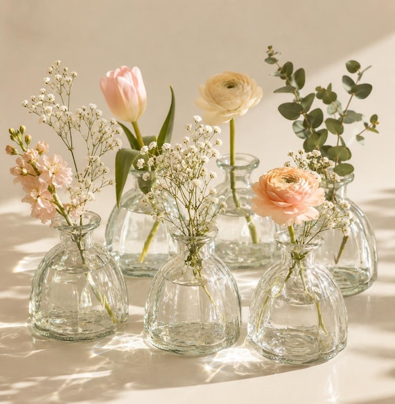 Set of 2 Vintage Style Hand Blown Glass Bud Vase, Cottage-core Wedding Centerpiece