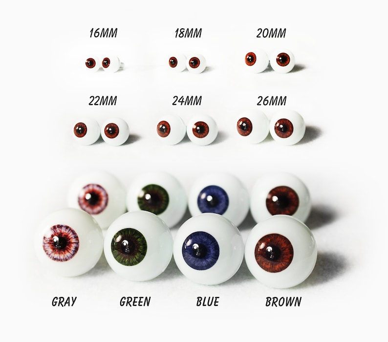 Puede incluir: Surtido de ojos de mu&ntilde;eca en varios colores, incluyendo gris, verde, azul y marr&oacute;n. Los ojos est&aacute;n disponibles en diferentes tama&ntilde;os, que van desde 16 mm hasta 26 mm.