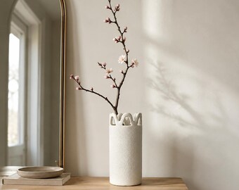 White Ceramic Vase, Watertight Textured Flower Vase with Wavy Rim, Modern Farmhouse Home Decor, Large Small or Set of 2