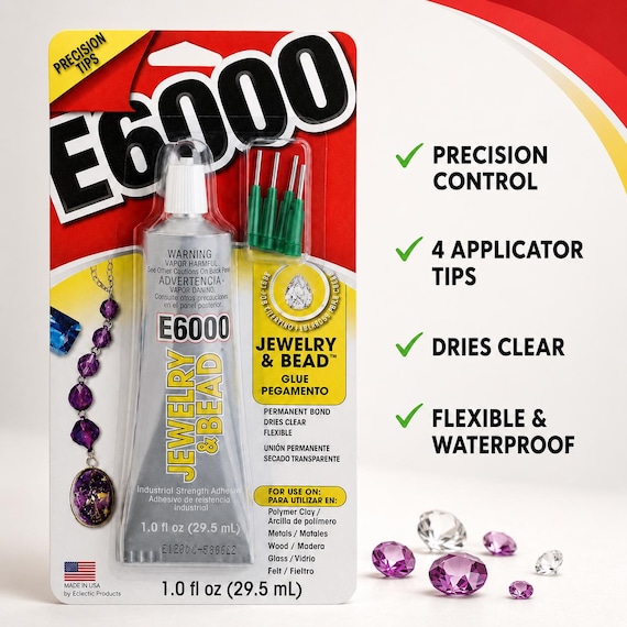 E6000 Jewelry & Bead Glue, 1 oz Clear Adhesive With 4 Precision Tips, Rhinestone Gem Metal and Craft Glue