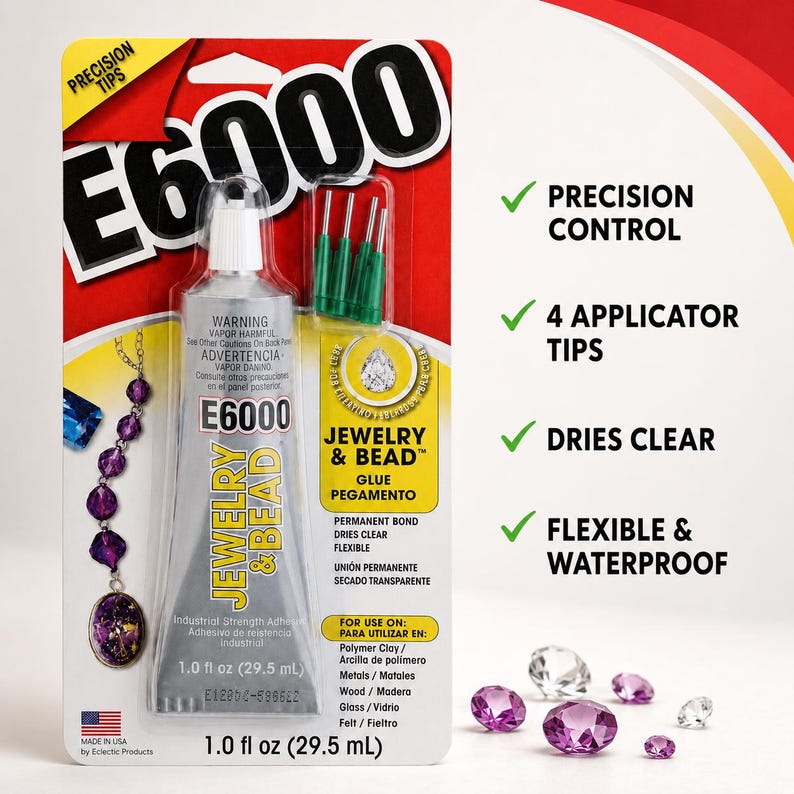 Puede incluir: Un tubo de adhesivo E6000 Jewelry & Bead en su empaque minorista, con cuatro puntas aplicadoras de precisi&oacute;n verdes. El empaque muestra el nombre del producto, un volumen de 29,5 ml y enumera caracter&iacute;sticas como control de precisi&oacute;n y resistencia al agua.