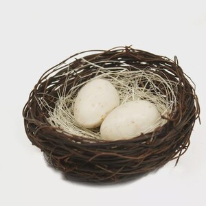 May include: A circular bird's nest constructed from brown twigs, containing soft, pale fibres. Two speckled, off-white eggs are nestled within, presenting a natural and rustic aesthetic.
