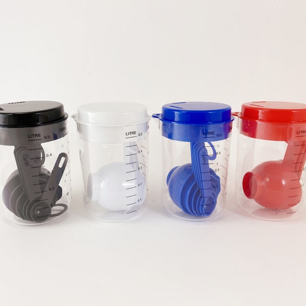 1 Plastic Measuring Cup with Lid and 6 Measuring Spoons Set 4 Colors available Red / Blue / Black / White