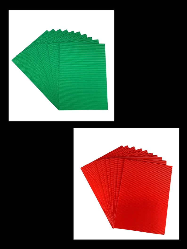 May include: A stack of 12 green and 12 red corrugated cardboard sheets. The sheets are ribbed and have a textured surface.