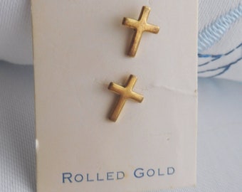 Elegant Rolled Gold Cross Petite Pierced Earrings