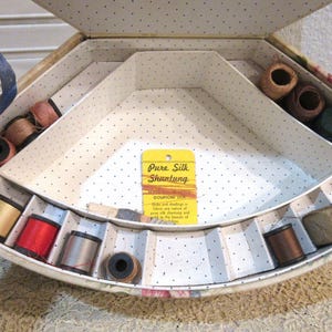 May include: An open, vintage sewing box with a floral print exterior and a polka-dot interior. The box is filled with spools of thread in various colors, including red, gold, and brown. A yellow tag reads "Pure Silk Shantung".
