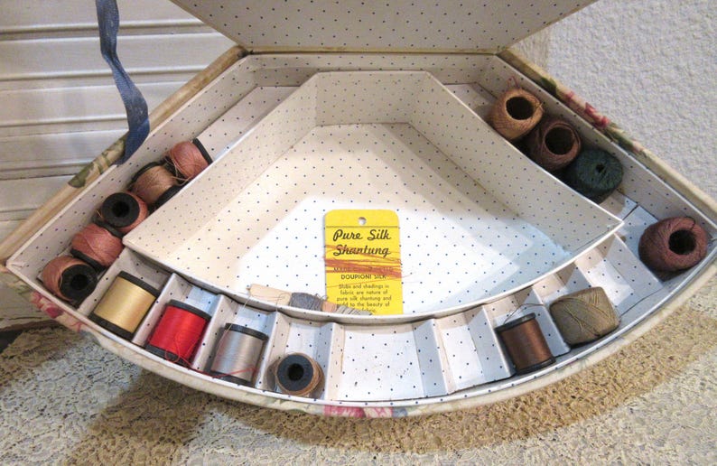 May include: An open, vintage sewing box with a floral print exterior and a polka-dot interior. The box is filled with spools of thread in various colors, including red, gold, and brown. A yellow tag reads "Pure Silk Shantung".