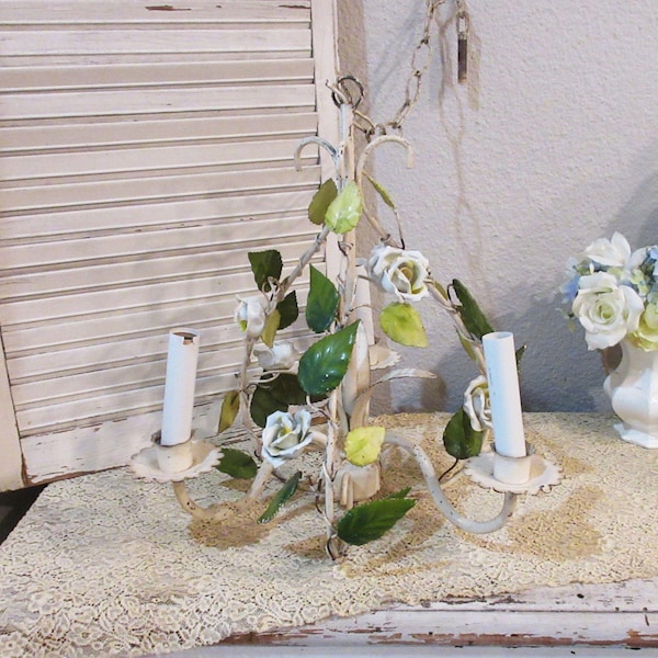 Italian Tole Chandelier, Roses, c1950