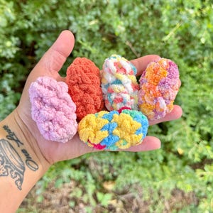 Puede incluir: Cinco pequeños objetos ovalados de ganchillo hechos de hilo grueso y suave. Los colores incluyen rosa claro sólido, naranja quemado sólido, un jaspeado blanco con azul y rosa, un jaspeado naranja y morado, y un jaspeado amarillo y azul.