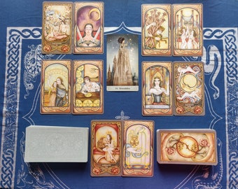 Può includere: Spalmatura di carte dei tarocchi con 10 carte disposte su una superficie blu con motivo. Le carte sono illustrate con persone, animali e simboli. Le carte includono Gli Amanti, Sei di Spade, Regina di Spade, 25 Alessandria, Regina di Bacchette, L'Impiccato, Forza, Il Mondo e Il Sole.