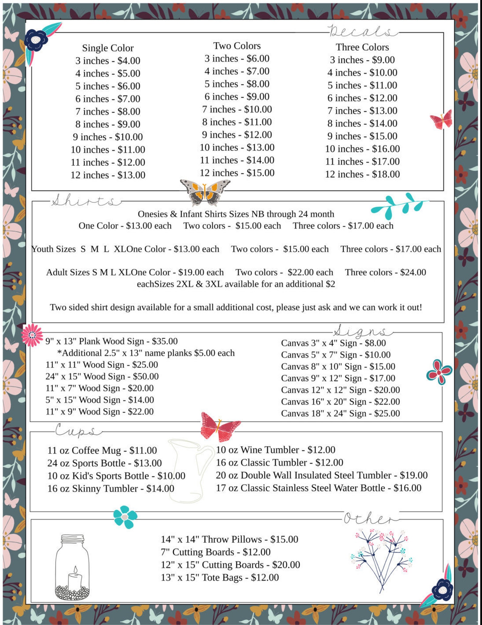 Floral & Butterfly Price List Vinyl Business SVG File Editable Digital