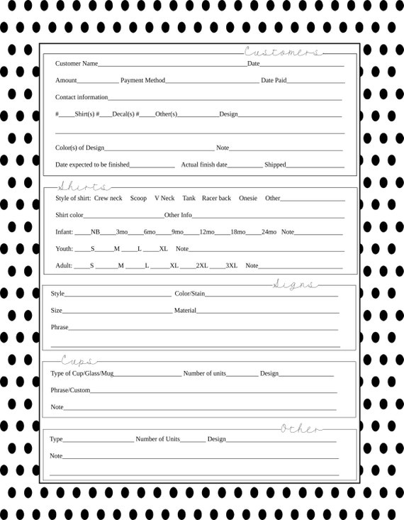 Polka Dot Order Form Vinyl Business Svg File Editable Pdf Form Digital Download Vinyl Buisness Form Order Form