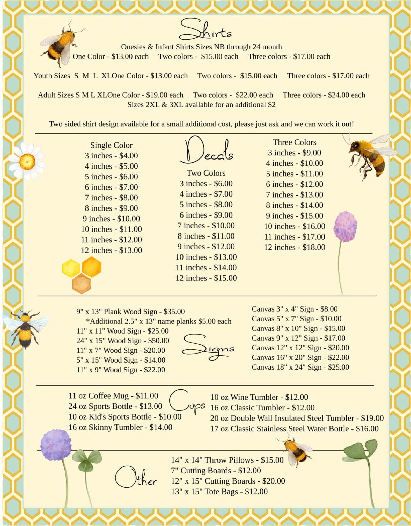 Honey Bee Price List Order Form Vinyl Business Business Order Form Business Price List Digital