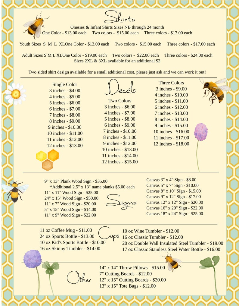 Honey Bee Price List Order Form Vinyl Business Business Order Form