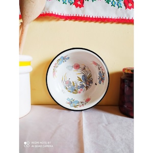 May include: A white enamel bowl with a black rim and a floral design featuring pink, blue, and yellow flowers. The bowl is on a white surface.