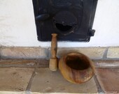 old wooden mortar, heavy wood product, real village ornament, flowerpot, wooden pot holder, flower box, window ornament, wooden kitchen tool