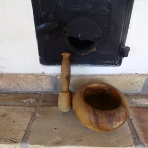 old wooden mortar, heavy wood product, real village ornament, flowerpot, wooden pot holder, flower box, window ornament, wooden kitchen tool