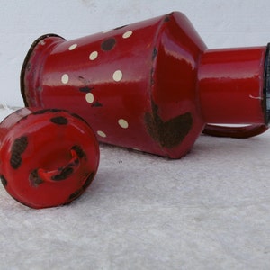 Farmhouse Kitchen Retro,Water kettle Vintage Enamel large can red with white fleck ,Vintage enamel Water can- Shabby Chic Kitchen Decor