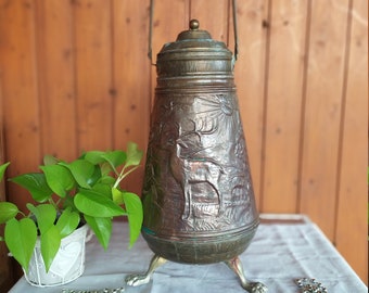 Antique Copper Jug with Hinged Lid, Rustic French Farmhouse Decor, Copper Pitcher, Copper Vase