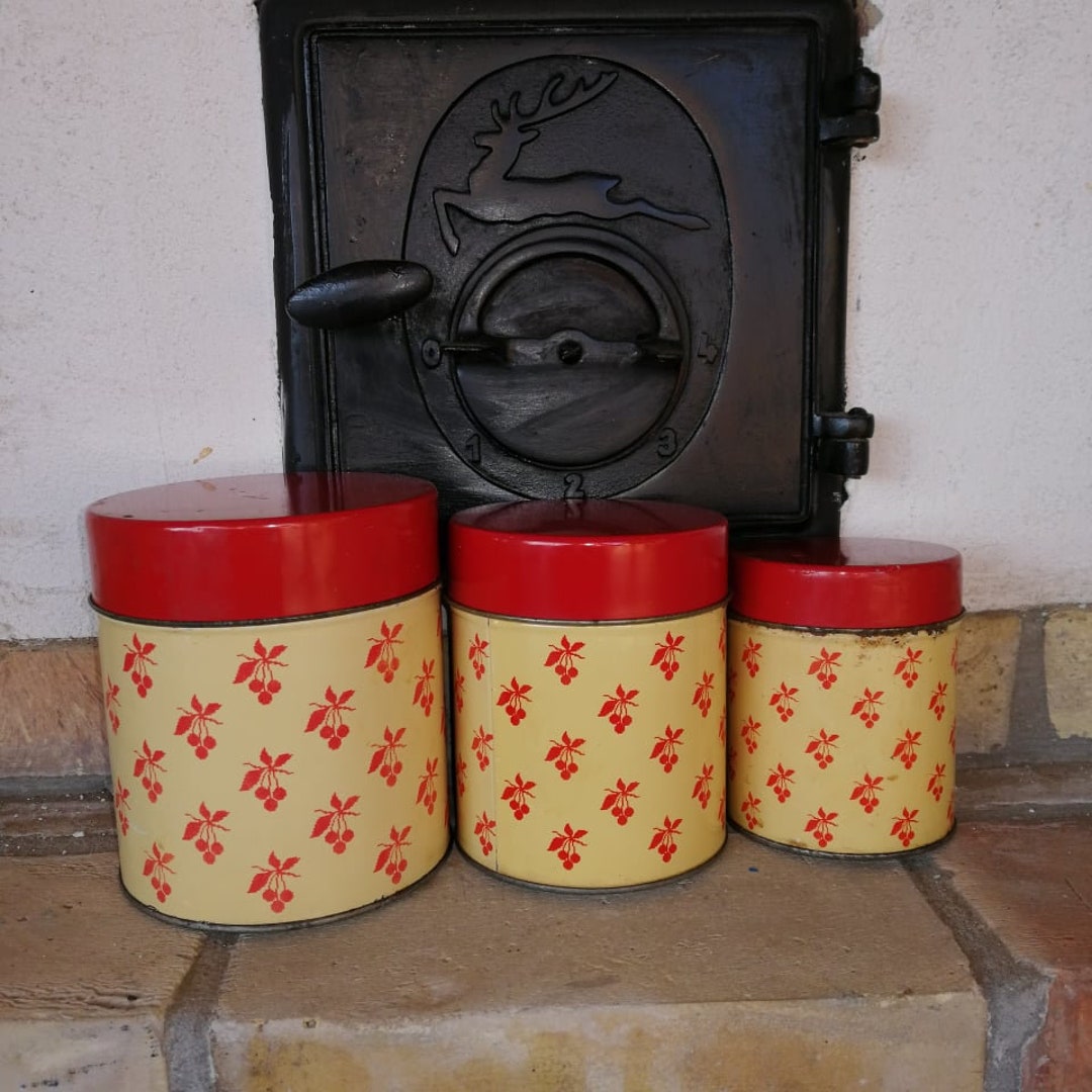 Vintage Canisters Setretro Floral Lid Enamel Metalvintage Etsy
