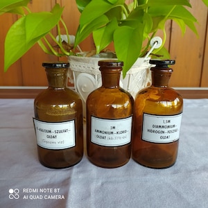 Set - Large Amber Glass Apothecary Bottle - Antique Pharmacy Jars