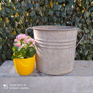 Vintage Galvanized Zinc Planter - Hungarian Two Handled Pot - Garden Planter - Rustic Garden Decor  (1)