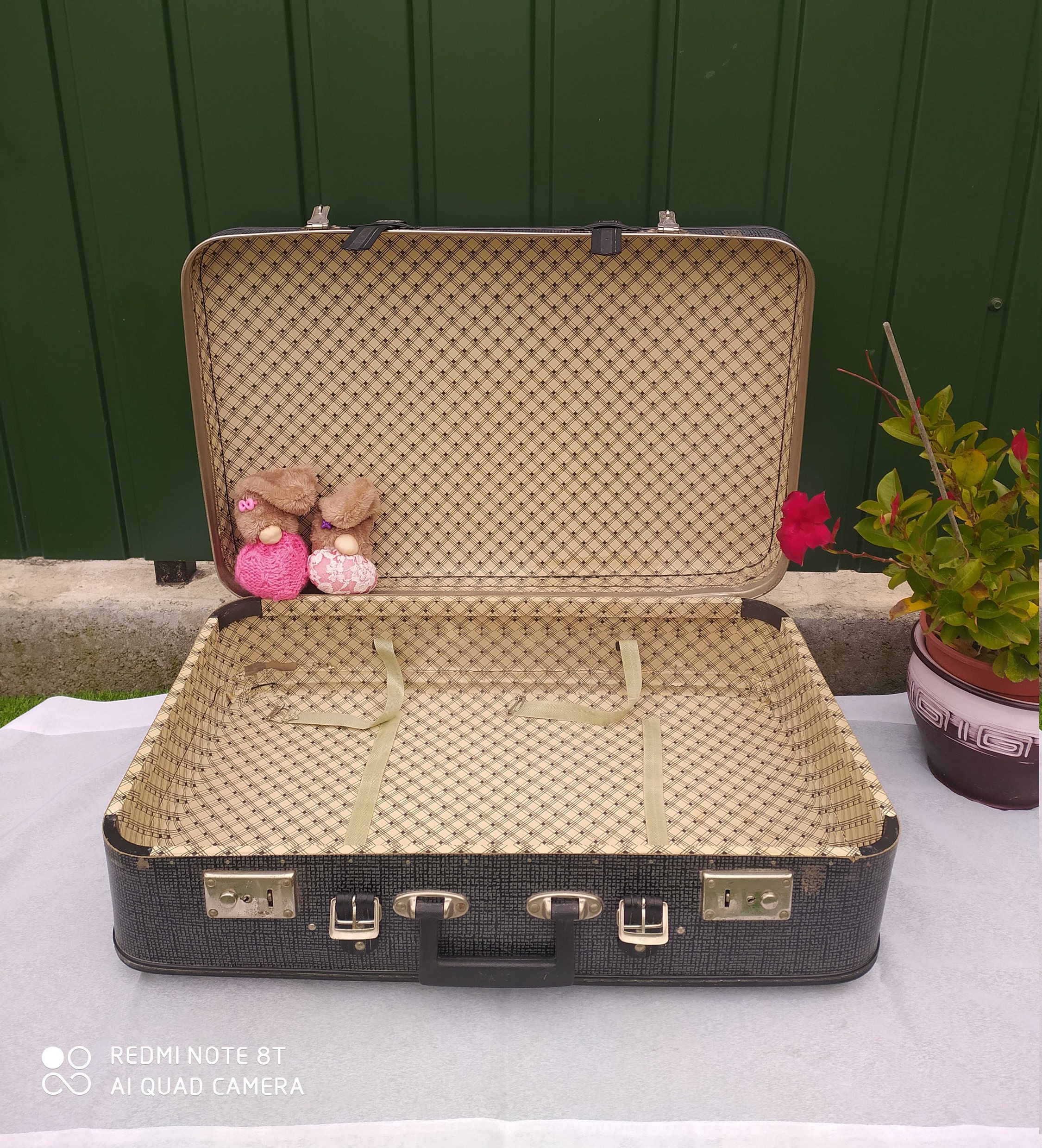 Vintage Gray Checkered Buckle Worn Suitcase old Small Bag antique Travel Bag luggage Suitcase Hard Luggage Box Storage Box Travel Bag 70s Etsy