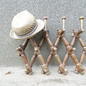 Brown Vintage Wood Hat Rack, Large Folding Wooden Coat Rack, Retro Home Decor
