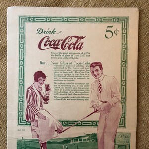Cartaz de anúncio da CocaCola dos anos 20, Primeira Guerra Mundial, racionamento, reprodução, papelão de golfe