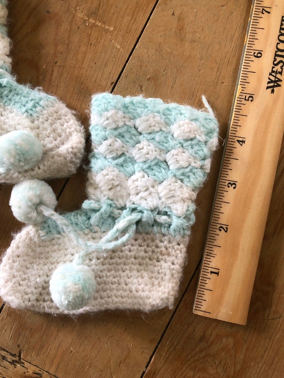 Vintage Baby Booties Handmade Knit  60s Aqua Pale… - image 3