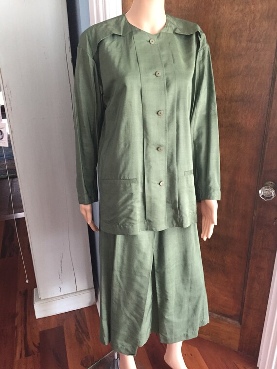 80s Issey Miyake Permanente Green Silk Suit 26” W… - image 4