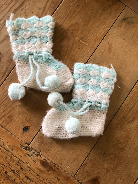 Vintage Baby Booties Handmade Knit  60s Aqua Pale… - image 1