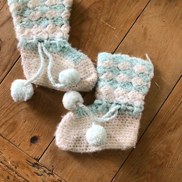 Vintage Baby Booties Handmade Knit  60s Aqua Pale Blue White Pompoms Adjustable Tie