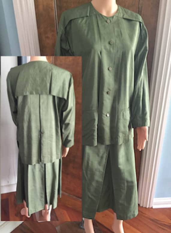 80s Issey Miyake Permanente Green Silk Suit 26” W… - image 1